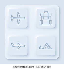 Set line Plane, Hiking backpack, Plane and Tourist tent with wood fire. White square button. Vector