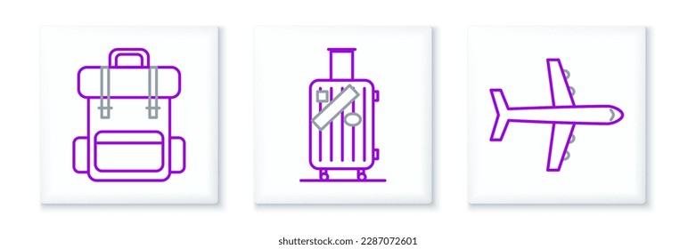 Set line Plane, Wanderrucksack und Koffer für Reise- und Aufkleber Symbol. Vektorgrafik