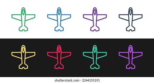Set line Plane icon isolated on black and white background. Flying airplane icon. Airliner sign.  Vector