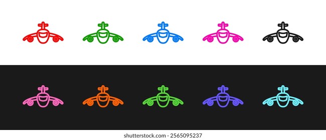 Set line Plane icon isolated on black and white background. Flying airplane icon. Airliner sign.  Vector