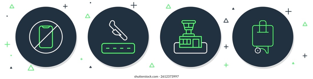 Set line Plane landing, Airport control tower, No cell phone and Suitcase icon. Vector
