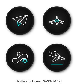 Set line Plane landing, Escalator down,  and Paper airplane icon. Vector
