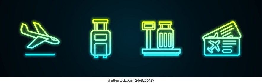 Set line Plane landing, Suitcase, Scale with suitcase and Airline ticket. Glowing neon icon. Vector