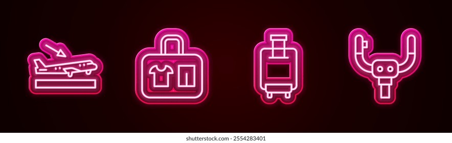 Set line Plane landing, Suitcase,  and Aircraft steering helm. Glowing neon icon. Vector