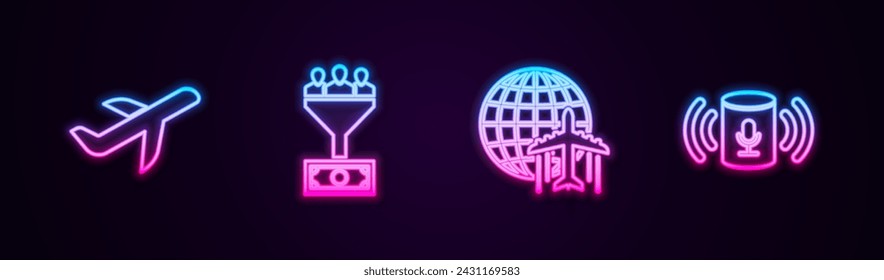Establecer línea de avión, gestión de plomo, globo con avión volador y asistente de voz. Icono de neón brillante. Vector