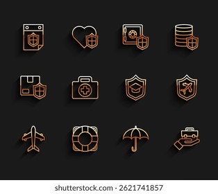 Set line Plane, Lifebuoy, Calendar with shield, Umbrella, Hand holding briefcase, First aid kit,  and Graduation cap icon. Vector