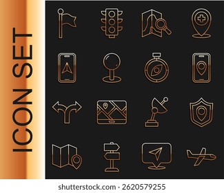 Set line Plane, Location shield, City map navigation, Search location, Push pin, marker and Compass icon. Vector