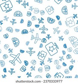 Set line Plane, Map pointer with star and Scallop sea shell on seamless pattern. Vector
