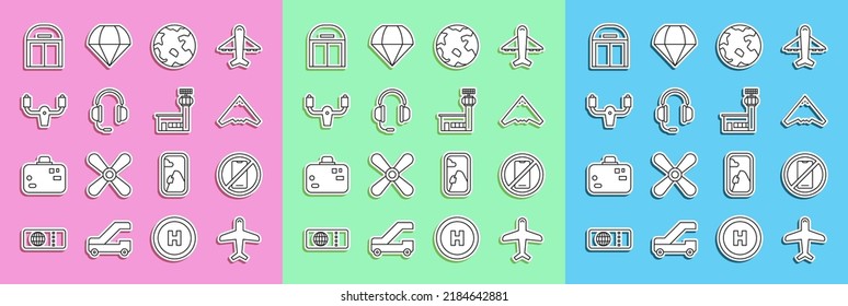 Set line Plane, No cell phone, Jet fighter, Worldwide, Headphones with microphone, Aircraft steering helm, hangar and Airport control tower icon. Vector