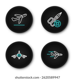 Set line Plane, No scissors and takeoff icon. Vector