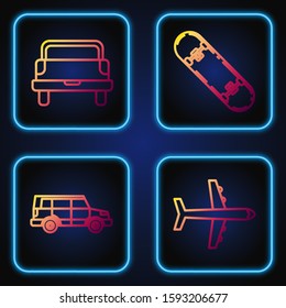 Set line Plane, Off road car, Pickup truck and Skateboard. Gradient color icons. Vector