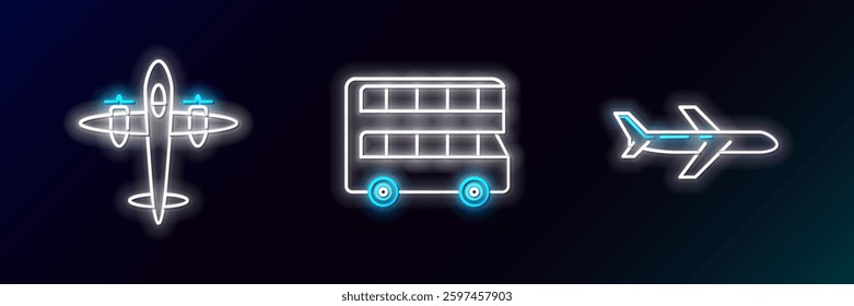 Set line Plane, Old retro vintage plane and Double decker bus icon. Glowing neon. Vector