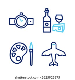 Set line Plane, Paint brush with palette, Wine bottle cheese and Wrist watch icon. Vector