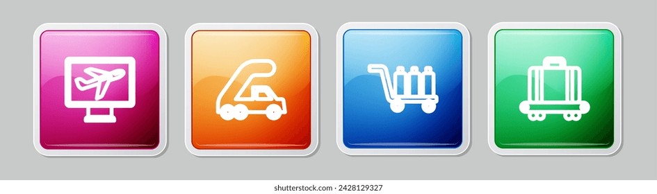 Set Line Plane, Passagierleiter für das Einsteigen, Trolley-Gepäck und Förderband mit Koffer. Bunte quadratische Taste. Vektor