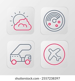 Set line Plane, Passenger ladder, Radar with targets on monitor and Sun and cloud weather icon. Vector