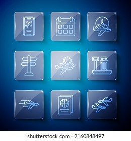 Set line Plane, Passport, Flight time, Airplane search, Road traffic sign, Mobile with ticket and Scale suitcase icon. Vector