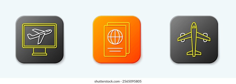 Set line Plane, Passport and  icon. Vector