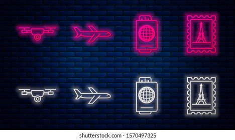 Set line Plane, Passport with ticket, Drone flying with action video camera and Postal stamp and Eiffel tower. Glowing neon icon on brick wall. Vector