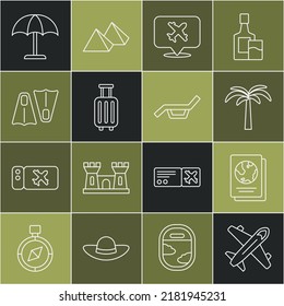 Set line Plane, Passport, Tropical palm tree, Speech bubble with airplane, Suitcase, Rubber flippers for swimming, Sun protective umbrella and Sunbed and icon. Vector