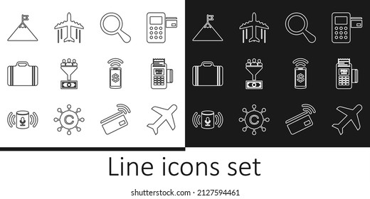 Fijar línea Plano, terminal POS, vidrio de ampliación, gestión de plomo, maleta para viajes, Montañas y bandera, pago sin contacto e icono. Vector