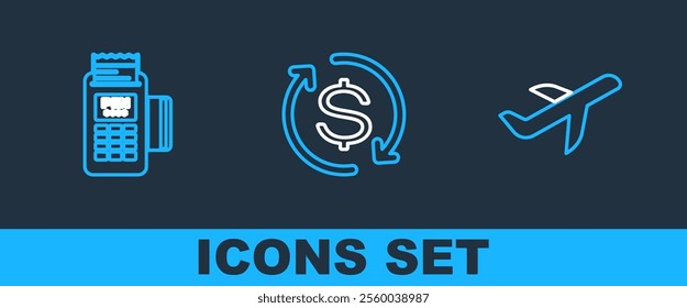 Set line Plane, POS terminal and Return of investment icon. Vector