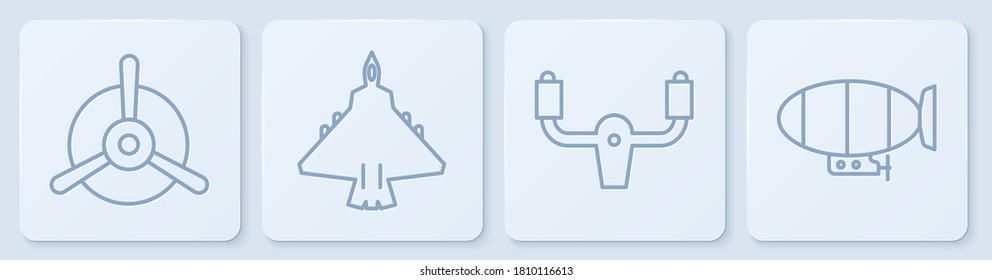 Set line Plane propeller, Aircraft steering helm, Jet fighter and Airship. White square button. Vector