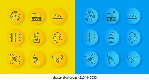 Set line Plane propeller, Airport runway, Stewardess, Aircraft steering helm, Headphones with microphone, Compass, landing and conveyor belt suitcase icon. Vector