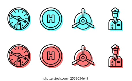 Set line Plane propeller, Compass, Helicopter landing pad and Pilot icon. Vector