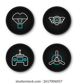 Set line Plane propeller, Drone remote control, Aviation emblem and Box flying parachute icon. Vector