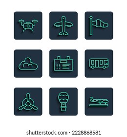 Set line Plane propeller, Hot air balloon, Cone meteorology windsock, Airport board, Cloud weather, Drone flying and bus icon. Vector