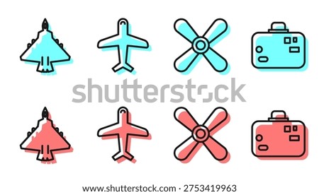Set line Plane propeller, Jet fighter, Plane and Suitcase icon. Vector