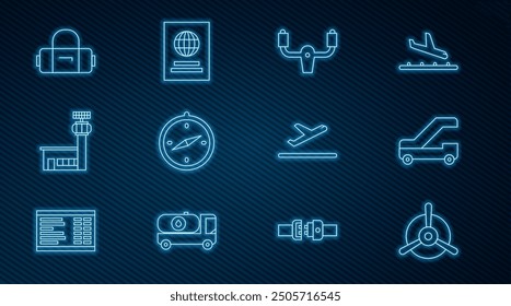 Set line Plane propeller, Passenger ladder for plane boarding, Aircraft steering helm, Compass, Airport control tower, Suitcase, takeoff and Passport icon. Vector