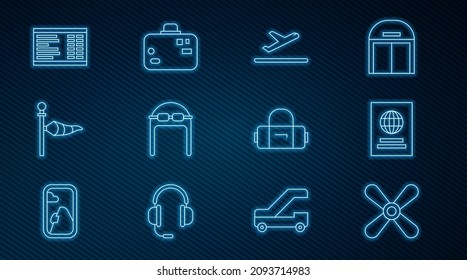 Fijar línea Hélice Plane, Pasaporte, despegue, sombrero Aviador con gafas, velo de viento de meteorología Cone, placa de aeropuerto, maleta e icono. Vector