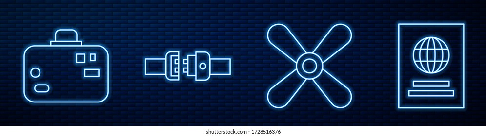 Set line Plane propeller, Suitcase, Safety belt and Passport. Glowing neon icon on brick wall. Vector