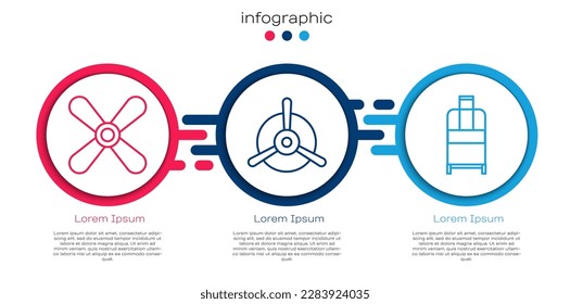 Set line Plane propeller, Plane propeller and Suitcase. Business infographic template. Vector