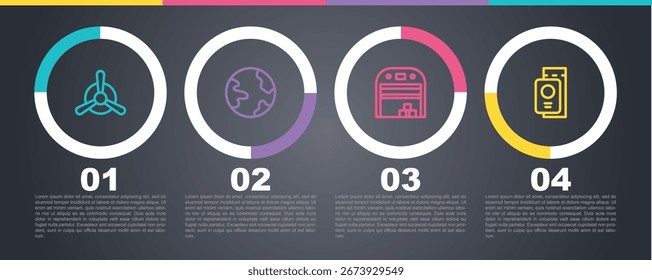 Set line Plane propeller, Worldwide, Aircraft hangar and Passport with ticket. Business infographic template. Vector