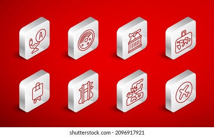 Set line Plane, Radar with targets on monitor, Suitcase, crash, Aircraft steering helm, Parachute and  icon. Vector