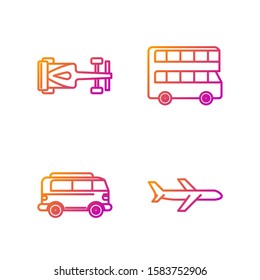 Set line Plane, Retro minivan, Formula race car and Double decker bus. Gradient color icons. Vector