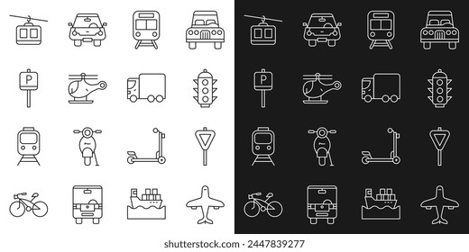 Set Line Plane, Road Traffic Wegweiser, Ampel, Zug und Bahn, Hubschrauber, Parkplatz, Seilbahn und Lieferung Fracht LKW-Symbol. Vektorgrafik