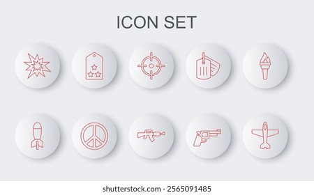 Set line Plane, Rocket launcher, Target sport, Pistol gun, Bomb explosion, Military rank, Peace and M16A1 rifle icon. Vector