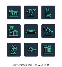 Set line Plane, Scale with suitcase, No water bottle, Taxi car roof, Suitcase, Airport control tower and landing icon. Vector