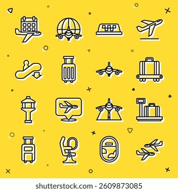 Set line Plane, Scale with suitcase, Conveyor belt, Taxi car roof, Suitcase, Escalator down, Calendar and airplane and  icon. Vector