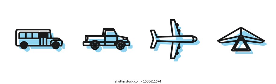 Set Line Plane, School Bus, Pickup Truck And Hang Glider Icon. Vector