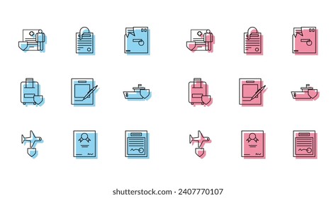 Fijar línea Plano con escudo, plantilla de certificado, registro clínico del portapapeles médico, formulario relleno, bolígrafo y bolígrafo en blanco, Barco, seguro de equipaje de viaje e icono de papel de documento de archivo. Vector
