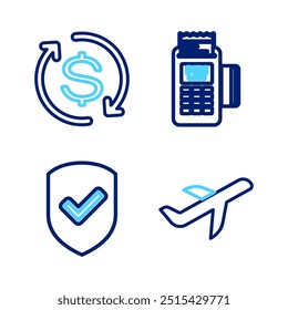 Fije el plano de línea, el escudo con la marca de verificación, el terminal del punto de venta y el icono del retorno de la inversión. Vector
