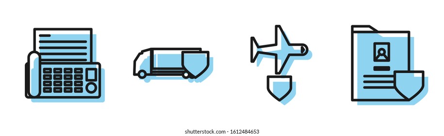 Set line Plane with shield, Fax machine, Delivery cargo truck with shield and Document with shield icon. Vector
