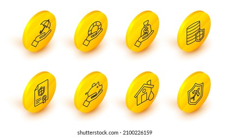Set line Plane with shield, House flood, Piggy bank in hand, Contract, Money, Lifebuoy and Umbrella icon. Vector