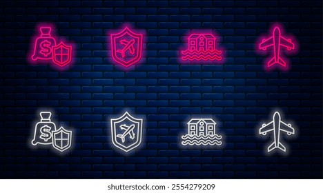 Set line Plane with shield, House flood, Money and . Glowing neon icon on brick wall. Vector