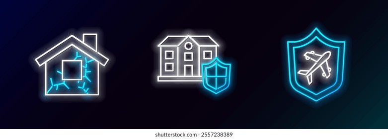 Set line Plane with shield, House and  icon. Glowing neon. Vector