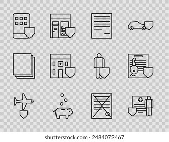 Set line Plane with shield, Medical clipboard clinical record, Document, Piggy bank coin, Smartphone insurance, hospital building, Delete file document and key icon. Vector